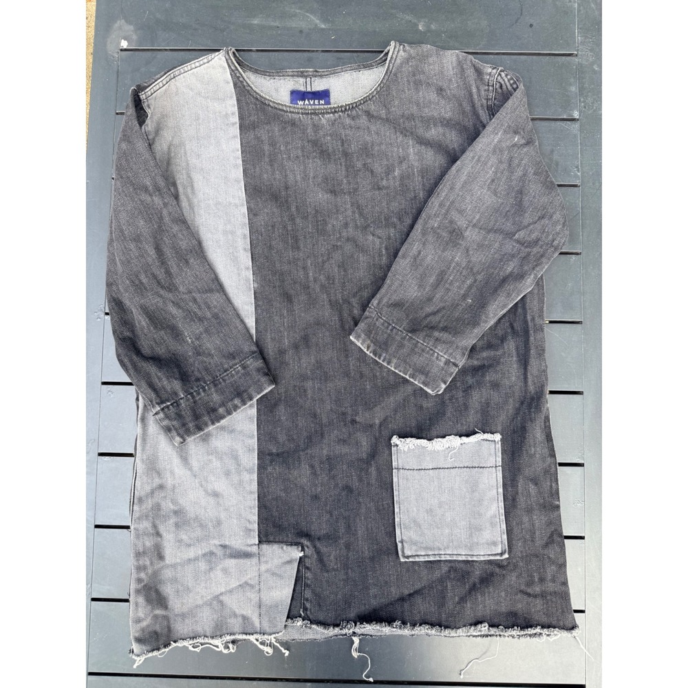 Waven Sira 2.0 Asymmetric Denim Dress Black/Grey Colorblock Cotton UK Size 6